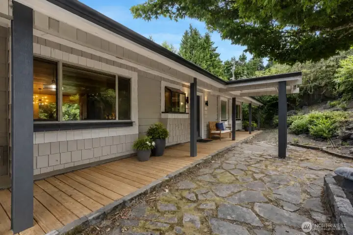 Covered front deck. Covered front deck.