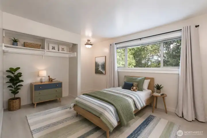 Bedroom 1 on main: digitally staged for a bedroom. Bedroom 1 on main: digitally staged for a bedroom.
