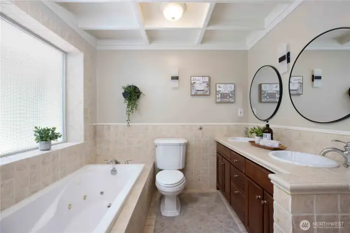 Primary bathroom: jetted tub, dual sinks and walk in shower. Primary bathroom: jetted tub, dual sinks and walk in shower.