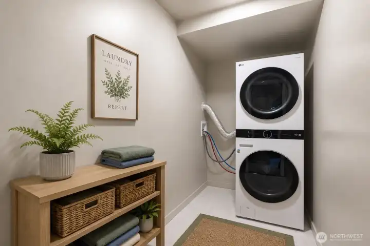 Laundry room: washer and dryer stay. Digitally staged. Laundry room: washer and dryer stay. Digitally staged.