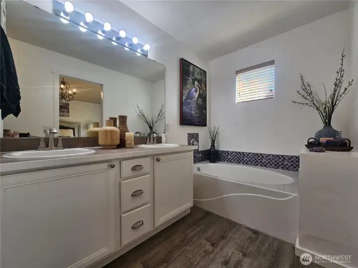 Main Bedroom Bath, double sinks & soaking tub walk in shower, walk in second closet & private privy. Main Bedroom Bath, double sinks & soaking tub walk in shower, walk in second closet & private privy.