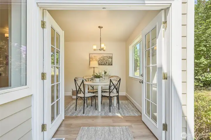 Deck to Dining Room. French Doors Make Indoor-Outdoor Entertaining Effortless