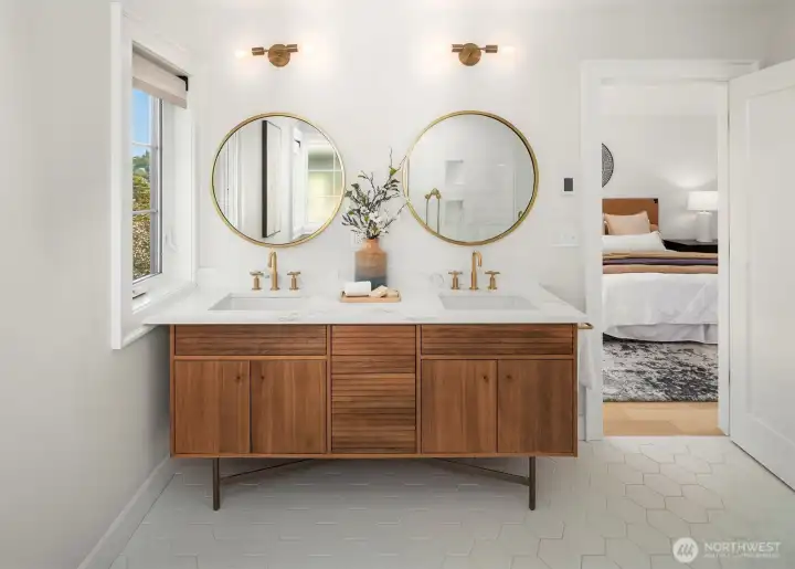 Double sinks and heated floors.