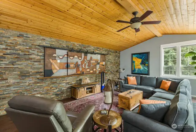 Alternate View of Family Room. The entire room is a work of art, bringing raw resources together making a  Northwest Contemporary living experience.