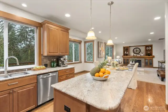 View from your chef's kitchen into the casual dining & living. Notice the slab Granite Counter Tops.