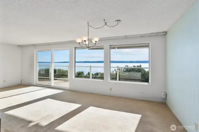 Living room and dining area with a million-dollar view! The unit could use new flooring and paint to freshen it up.