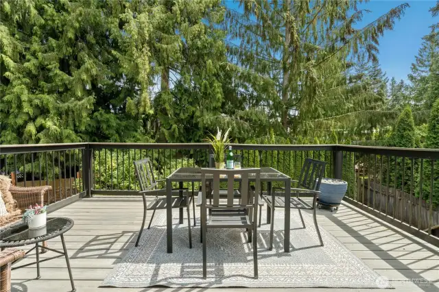 Spacious deck with gas bib for BBQ or heater.