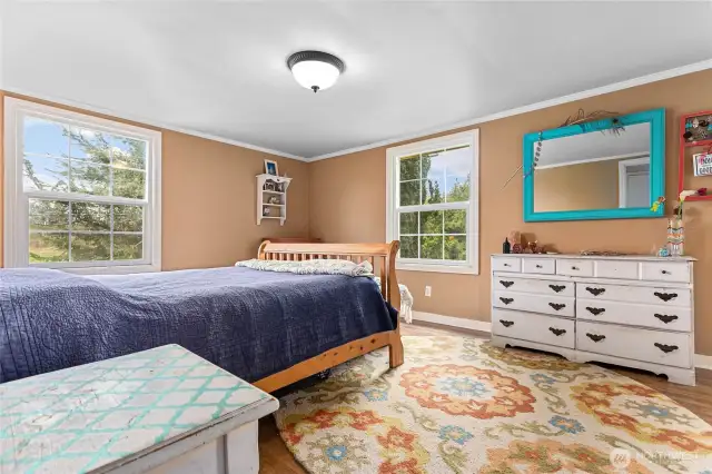 Upstairs the primary bedroom is generous in size with a walk-in closet and beautiful windows looking out to the front and sides of the property.