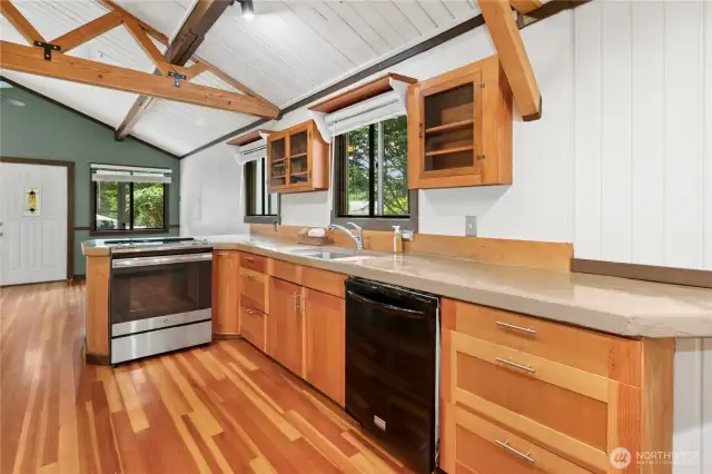 kitchen with high ceilings and custom cabinets
