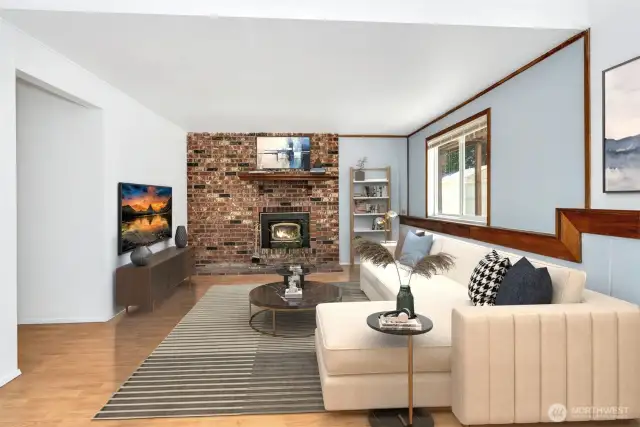 Brick and hearth fireplace brings that added charm and warmth to the room.
