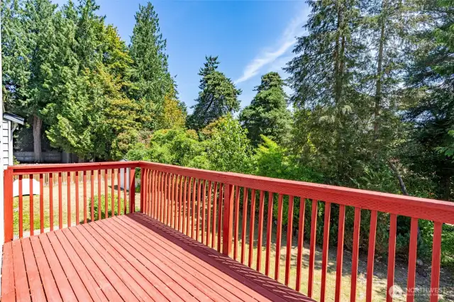 Delightful deck overlooks yard with a lush green backdrop.