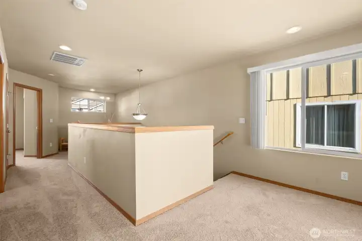 Top of stairs looking towards bedrooms and bonus loft area