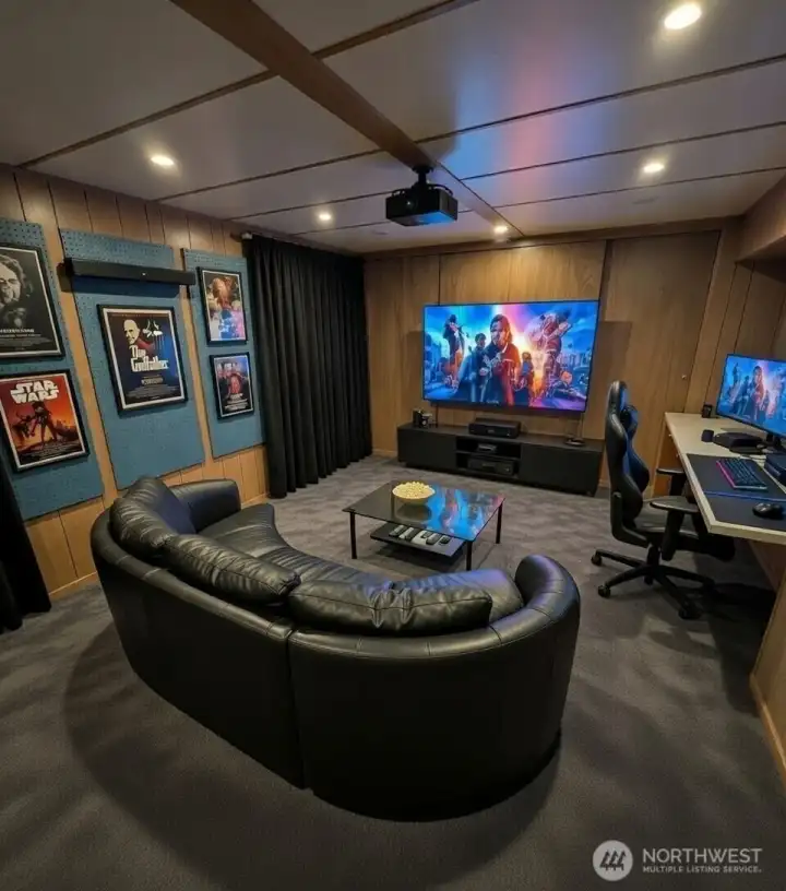 Basement Room accessed from garage- this photo has been virtually staged and rendered with possible future remodel. Great option for media room, office or fitness room. Does NOT look like this now.