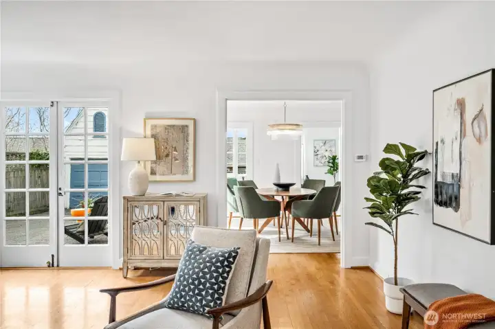 The living room flows seamlessly into the spacious dining room.
