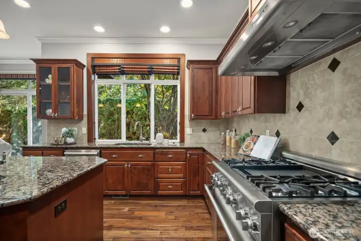 The professional-grade range and custom hood take center stage in this detail shot, showcasing the high-end appliances and intricate tile backsplash that elevate this kitchen above the rest. Rich cabinetry, slab granite countertops, and a window framing lush greenery beyond complete this picture-perfect chef's workspace.