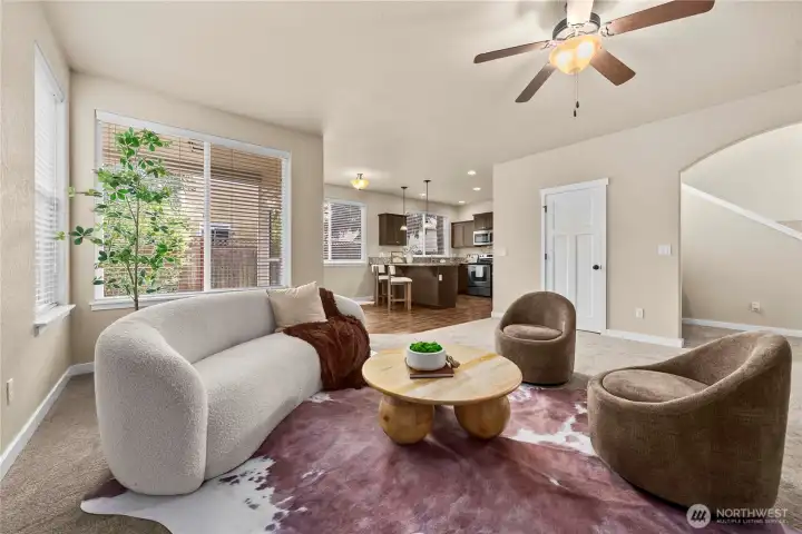 The family room connects to he kitchen