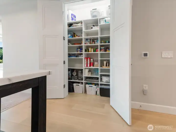 Organize like a pro with the custom-designed pantry with curated with tons of shelving. Organize like a pro with the custom-designed pantry with curated with tons of shelving.