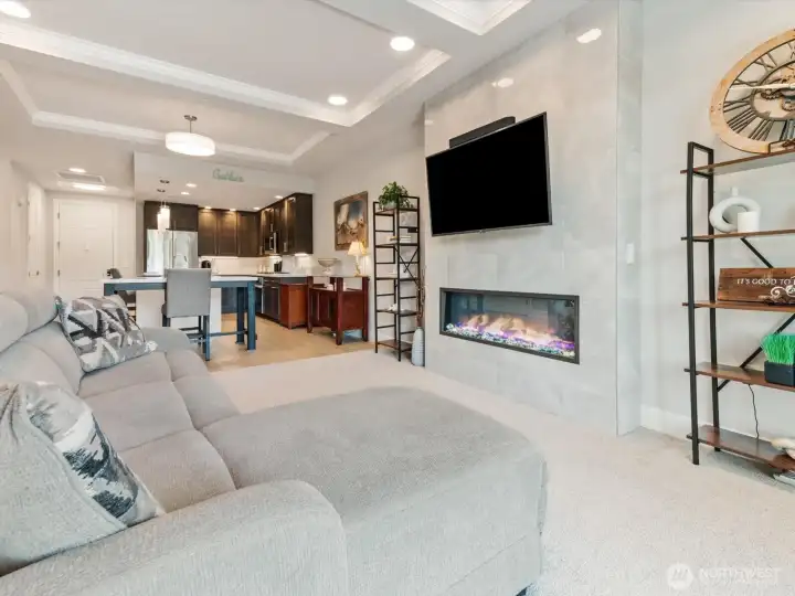 The electric fireplace with a heater, helps take the edge off a cool evening. The electric fireplace with a heater, helps take the edge off a cool evening.