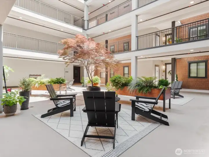 Courtyard on the fifth floor designed with lush planters and seating make it an ideal space to come together with neighbors/friends on sunny days. Courtyard on the fifth floor designed with lush planters and seating make it an ideal space to come together with neighbors/friends on sunny days.