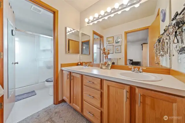 Primary bathroom suite, double sinks, lots of cupboards, and separate shower room.