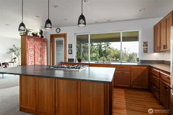 Kitchen with lots of cupboard space, stunning counter tops, under cupboard lighting and more.
