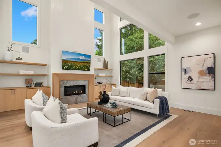 Two story great room that overlooks the private backyard