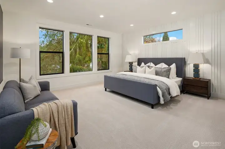 Designer primary suite with five-piece bath with heated floors