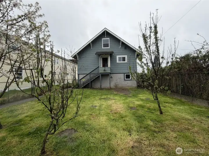 Back of house with cherry and apple trees