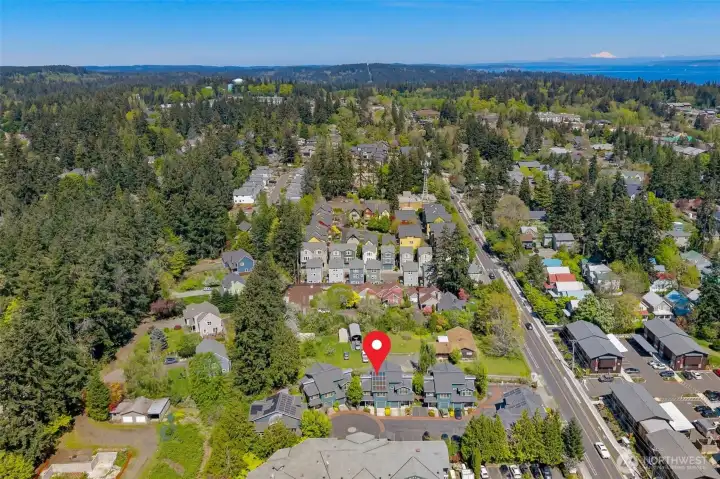 The location in context — tucked into the Winslow neighborhood with Puget Sound and the Cascades visible in the distance. Walkable to town, but with a residential feel that doesn't read that way.