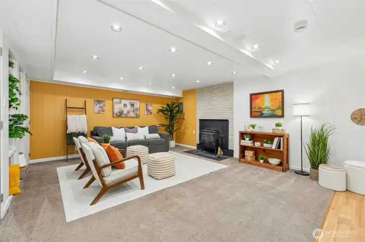 Large finished basement with downstairs living room and second wood burning fireplace