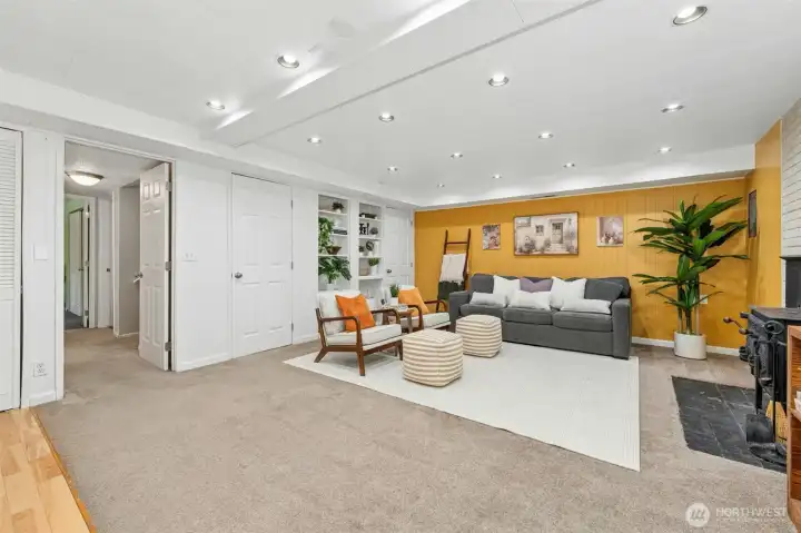 Custom built-in shelving and multiple storage closets