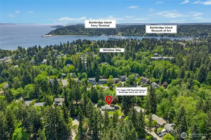 Less than 1 mile walk or cycle to the Seattle/Bainbridge Island Ferry and Winslow Way