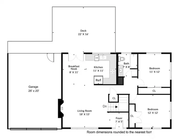 Main level layout including garage and back deck
