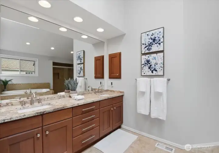 The primary bath has a large double vanity. The primary bath has a large double vanity.