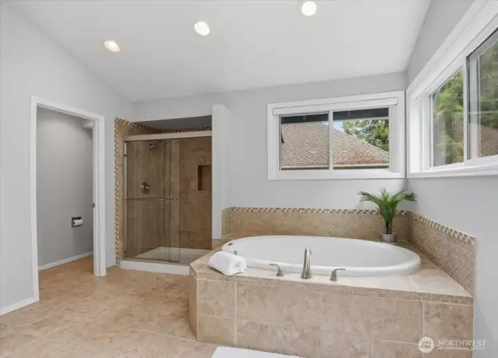 The primary bath has a spa like soaking tub and large shower. The primary bath has a spa like soaking tub and large shower.