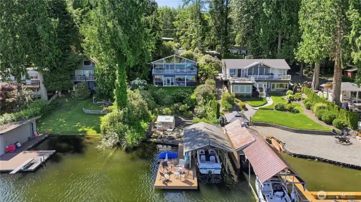 Boathouse, dock, and home