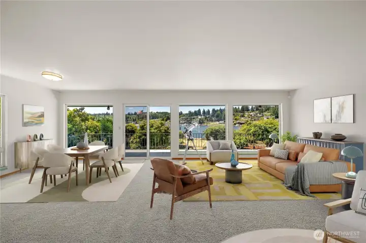 Main floor living room with beautiful view of Gig Harbor.