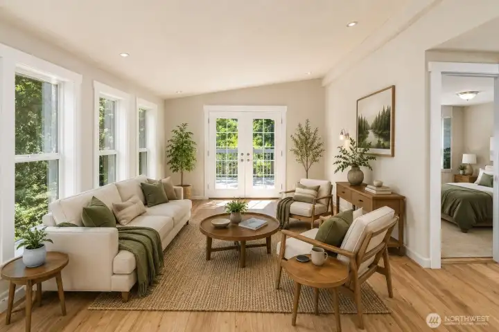 Virtually staged, visions of a comfortable main living room with French doors opening to the deck and peaceful views of the surrounding trees.