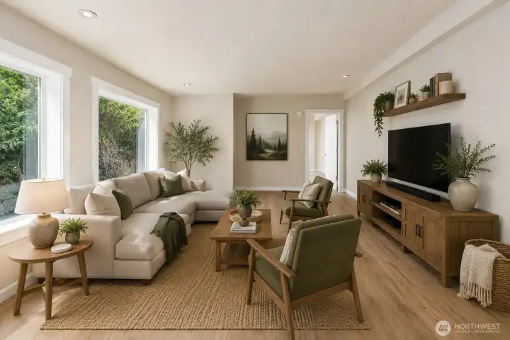 Virtually stages - Light-filled living room with durable LVP wood-look flooring with windows framing the surrounding trees.