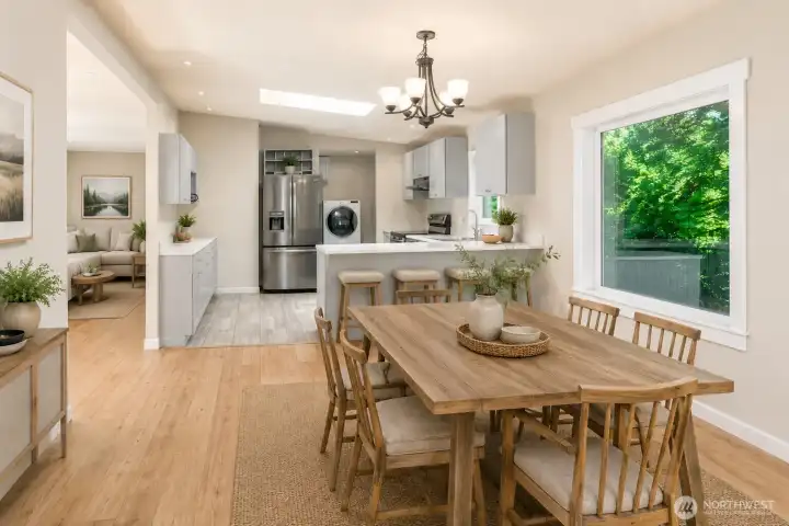 Virtually staged, bright NW inspired kitchen and dining room