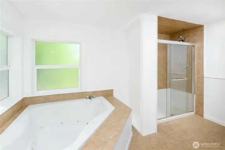Primary ensuite with a soaking tub, separate shower, skylight, and updated vanity.