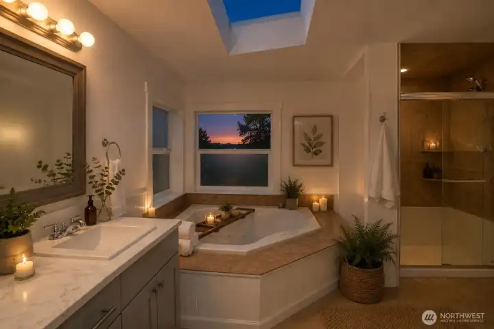 Virtually staged, visions of a spa experience bathroom at dusk.