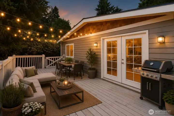 Virtually staged, vision of twilight PNW deck scene at dusk with string lights - summer night magic!