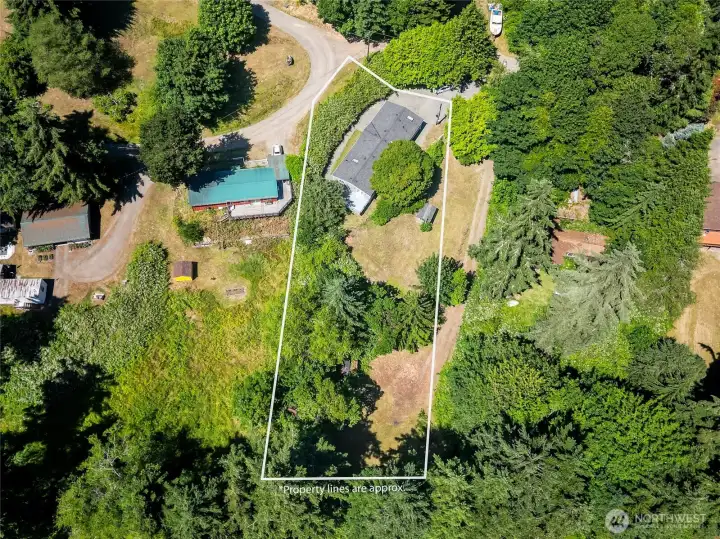 Approximate property lines showcase the full homesite, featuring a spacious yard, mature trees, a storage shed, and room to enjoy outdoor living in a peaceful setting.