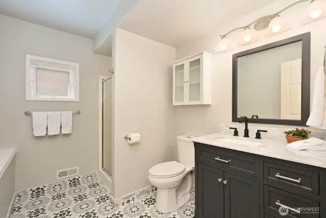Three-quarter bath in the lower level.