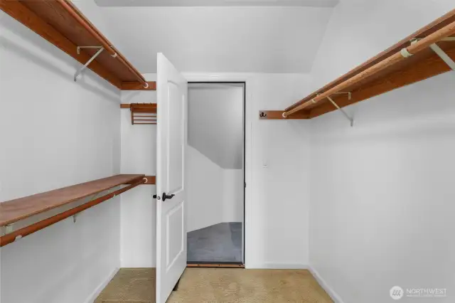 large primary walk-in closet with an extra finished storage room