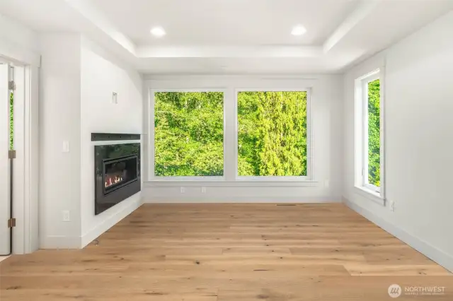 Serene greenbelt backing primary with contemporary linear fireplace with custom slab surround and steel mantel