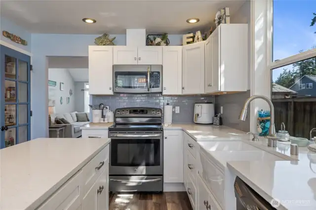 Stainless steel appliances for a clean look.