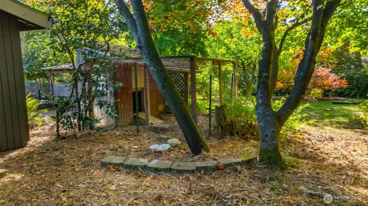Chicken coop behind barn.
