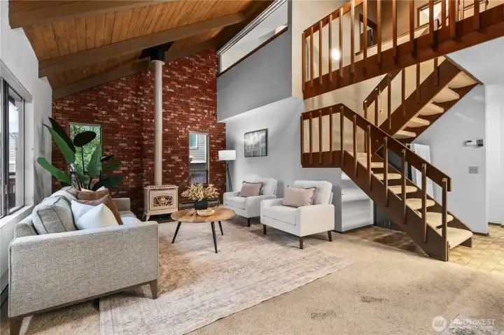 Chic exposed brick and wood beam ceiling